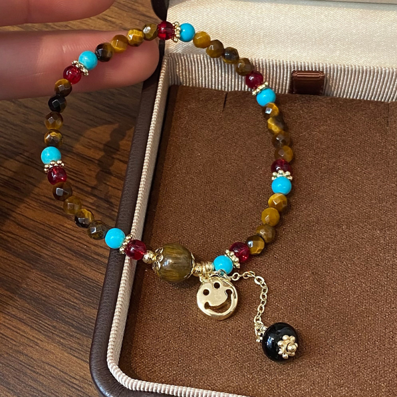 Narukvica od prirodnih kamenja tiger eye i malahit, cvjetnog oblika, 14k plating, za žene