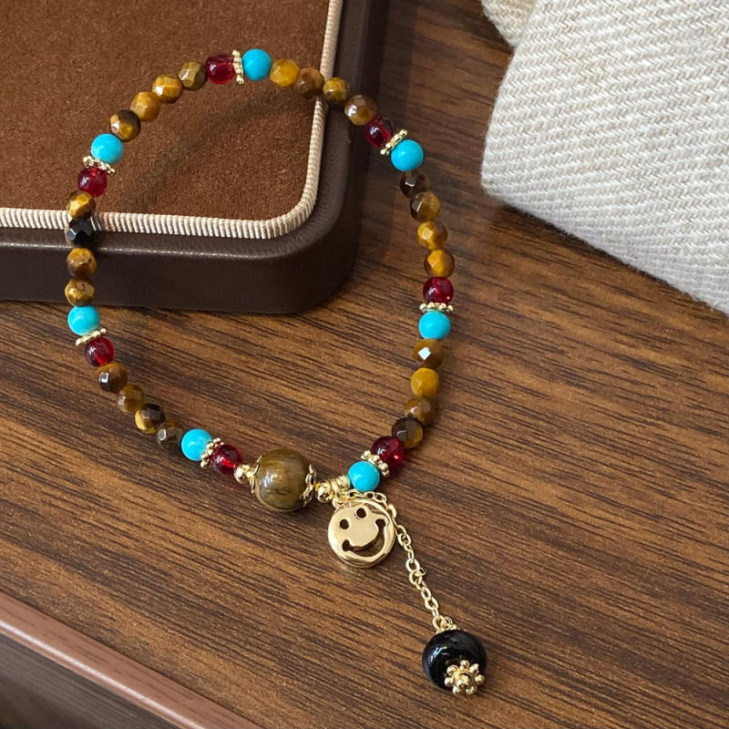 Narukvica od prirodnih kamenja tiger eye i malahit, cvjetnog oblika, 14k plating, za žene