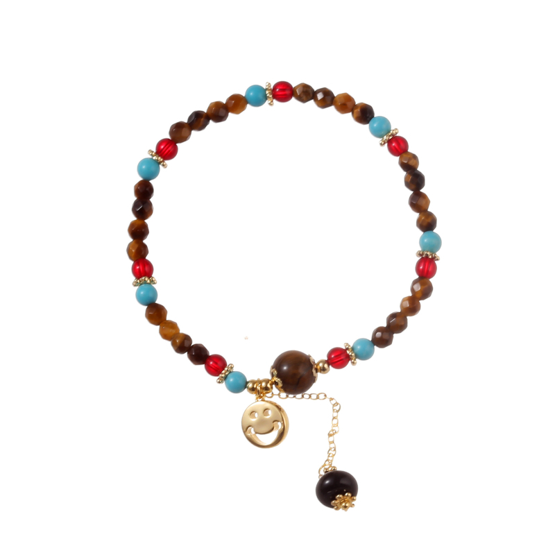 Narukvica od prirodnih kamenja tiger eye i malahit, cvjetnog oblika, 14k plating, za žene