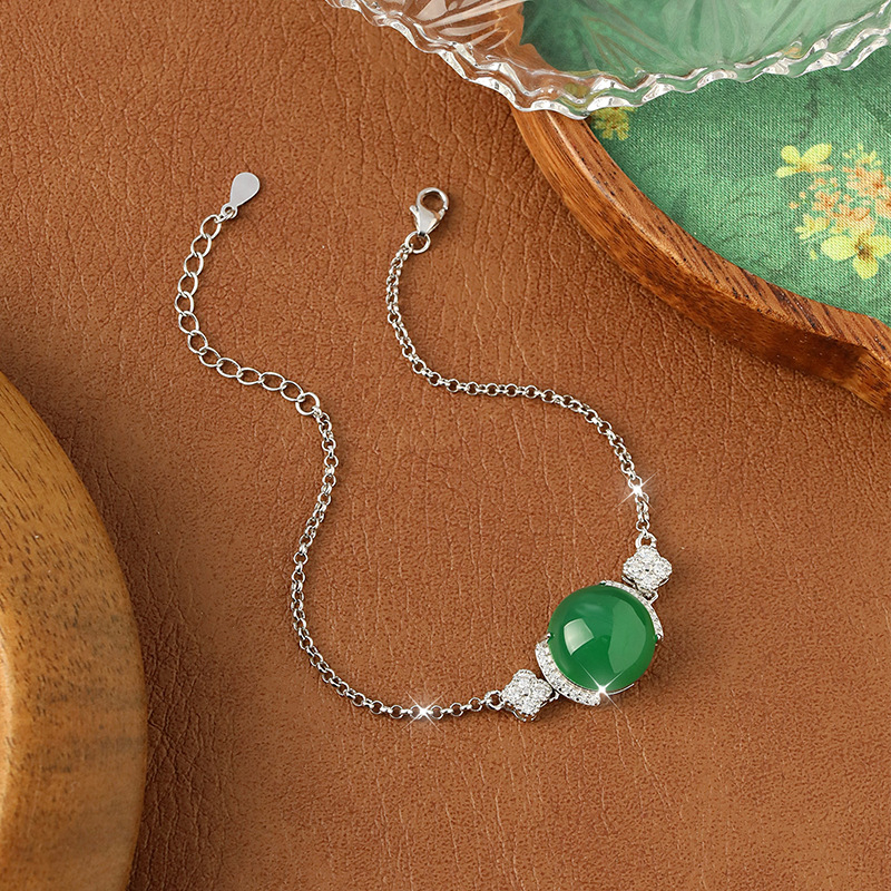 Huikai Jewelry S925 Srebrni set: narukvica i prsten s prirodnim kalcedonom i ahatom – zvjezdasto iridizirajući kamen, ženski minimalistički stil (Live)