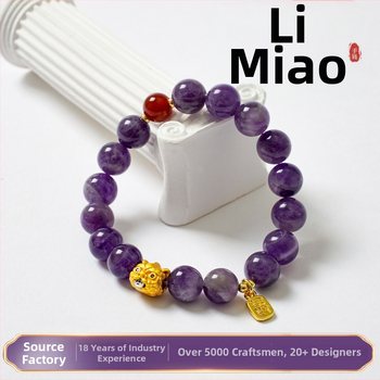 Természetes ametiszt kristállyal készült karkötő Pixiu motívummal, kézzel készített, 18 gyöngy