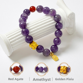 Természetes ametiszt kristállyal készült karkötő Pixiu motívummal, kézzel készített, 18 gyöngy