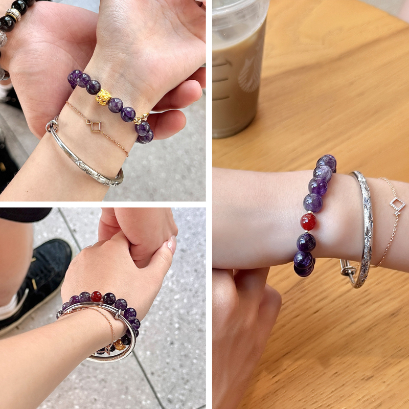 Természetes ametiszt kristállyal készült karkötő Pixiu motívummal, kézzel készített, 18 gyöngy