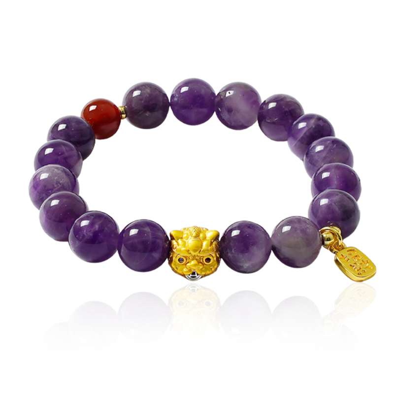 Természetes ametiszt kristállyal készült karkötő Pixiu motívummal, kézzel készített, 18 gyöngy