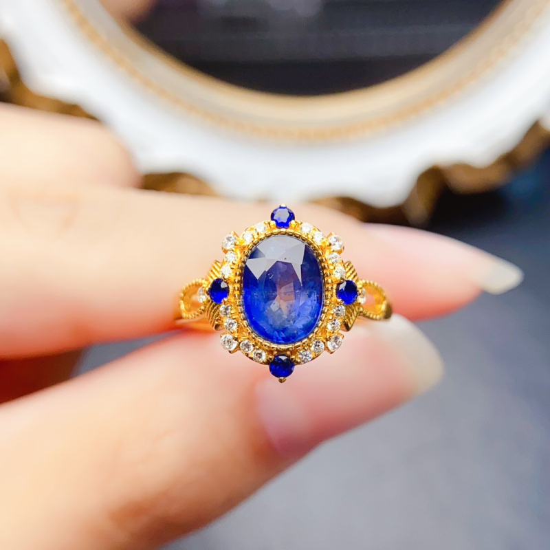 Dabas safīra gredzens ar S925 sudrabu, ar dārgakmeni ieklājumu, roku darbs