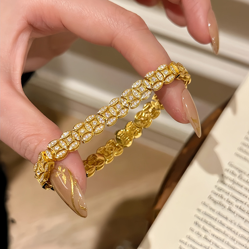 Narukvica - bakar-plastični materijal, cirkonij obradba, kružni kopča s novčićem, geometrijski oblik, ženski stil, Lanzan Jewelry Factory