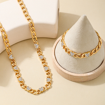 Set bijuterii: brățară și colier cu lanț gros în stil cubanez, din aliaj, electroplacare, inimă cu cristale, stil vintage, primăvara 2025