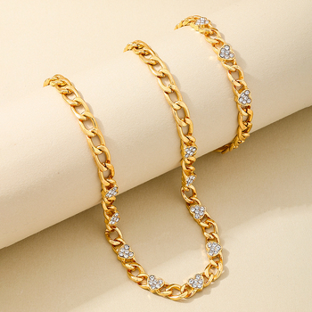 Set bijuterii: brățară și colier cu lanț gros în stil cubanez, din aliaj, electroplacare, inimă cu cristale, stil vintage, primăvara 2025