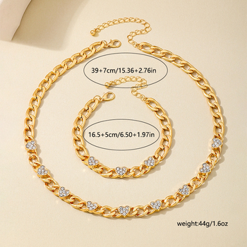 Set bijuterii: brățară și colier cu lanț gros în stil cubanez, din aliaj, electroplacare, inimă cu cristale, stil vintage, primăvara 2025