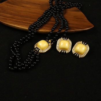 Set colier și cercei cu diamante – lanț cu bile, pandantiv geometric, aliaj de zinc, placare electroplatată, stil retro