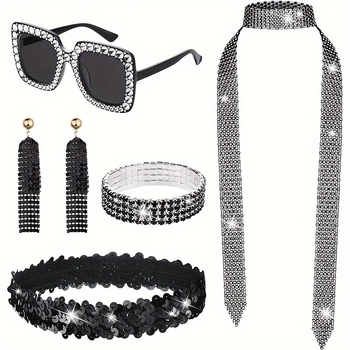 Ženski disco set nakita sa rhinestones – ručna izrada, geometrijski uzorak, vintage britanski retro stil, uključuje naušnice, ogrlicu i narukvicu, ljeto 2024