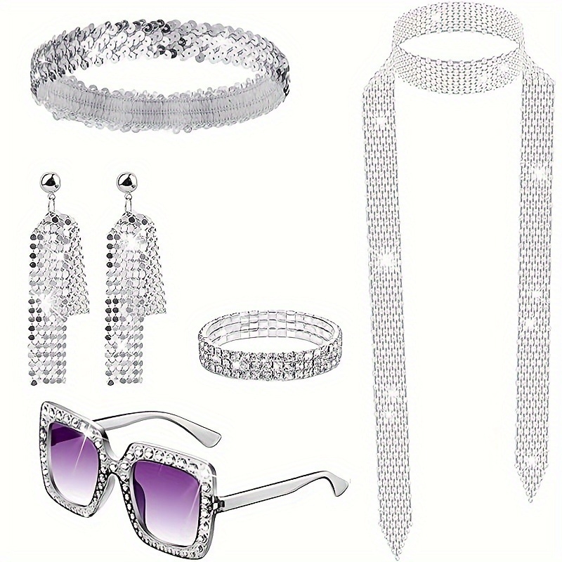 Ženski disco set nakita sa rhinestones – ručna izrada, geometrijski uzorak, vintage britanski retro stil, uključuje naušnice, ogrlicu i narukvicu, ljeto 2024