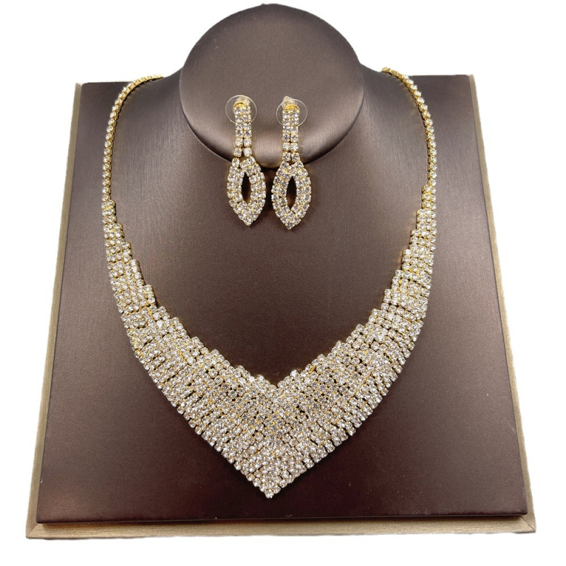Set naušnica i ogrlica s rhinestones, uvijeni lanac, privjesak od rhinestones, uzorak Ljubav/ Kap vode / Zvono