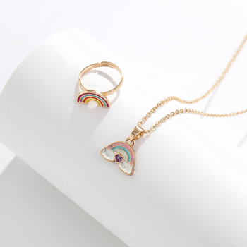 Set de două piese: colier și cercei din aliaj, stil desen animat pentru copii, finisaj cu picurare de ulei, modele: Dragoste / Picături de apă / clopot