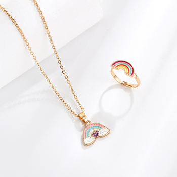 Set de două piese: colier și cercei din aliaj, stil desen animat pentru copii, finisaj cu picurare de ulei, modele: Dragoste / Picături de apă / clopot