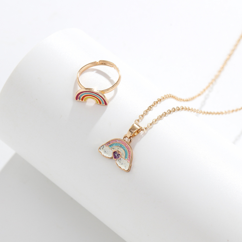 Set de două piese: colier și cercei din aliaj, stil desen animat pentru copii, finisaj cu picurare de ulei, modele: Dragoste / Picături de apă / clopot