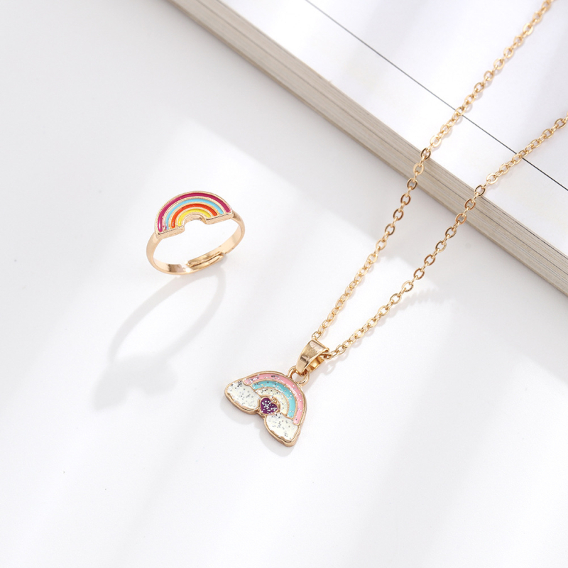 Set de două piese: colier și cercei din aliaj, stil desen animat pentru copii, finisaj cu picurare de ulei, modele: Dragoste / Picături de apă / clopot