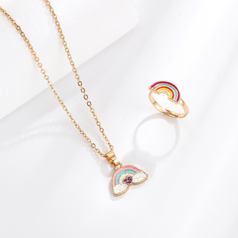 Set de două piese: colier și cercei din aliaj, stil desen animat pentru copii, finisaj cu picurare de ulei, modele: Dragoste / Picături de apă / clopot