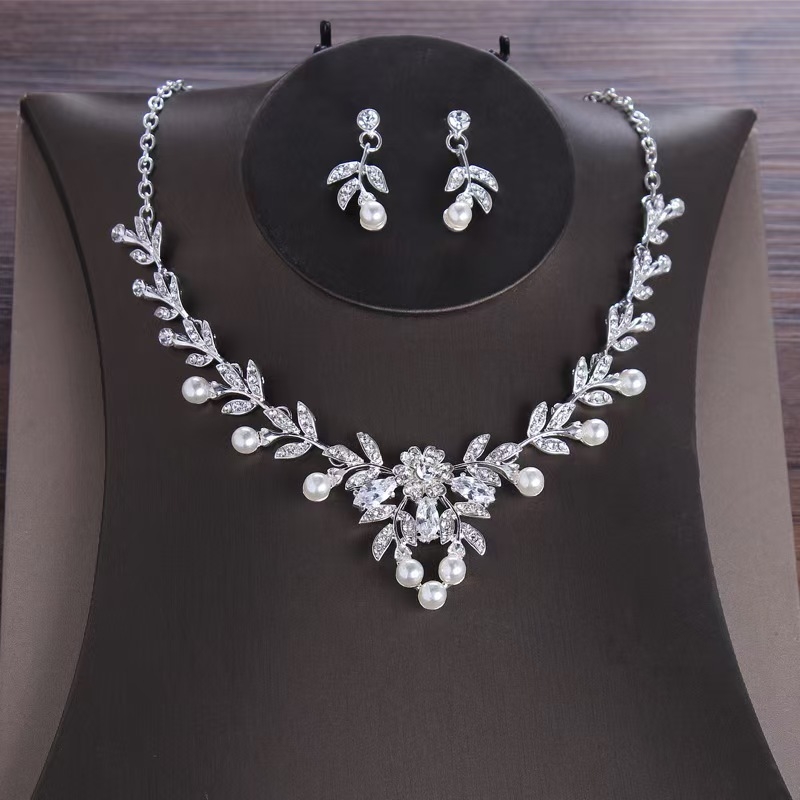 Set ogrlice i naušnica u korejskom stilu za nevjestu, Mori cvjetni motiv s rhinestones, geometrijski dizajn, cinkova legura, elektroplatina, bambusni lanac, novi kineski stil