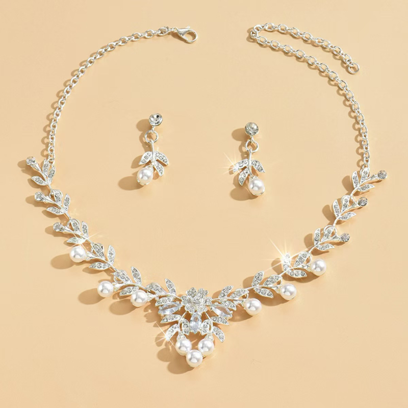 Set ogrlice i naušnica u korejskom stilu za nevjestu, Mori cvjetni motiv s rhinestones, geometrijski dizajn, cinkova legura, elektroplatina, bambusni lanac, novi kineski stil