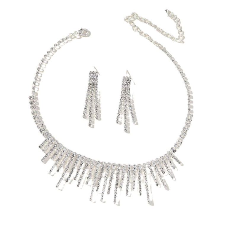 Set Colier și Cercei cu Cristale și Design cu Franjuri (Material: cristale; Tratament: electroplacare; Lanț: lanț normal; Componență: cercei + colier; Sezon: Vară 2024)