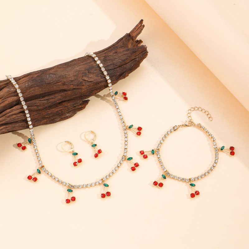 Set de bijuterii cu temă cireș pentru femei — colier, cercei și brățară, aliaj, lanț standard, Stil cireș