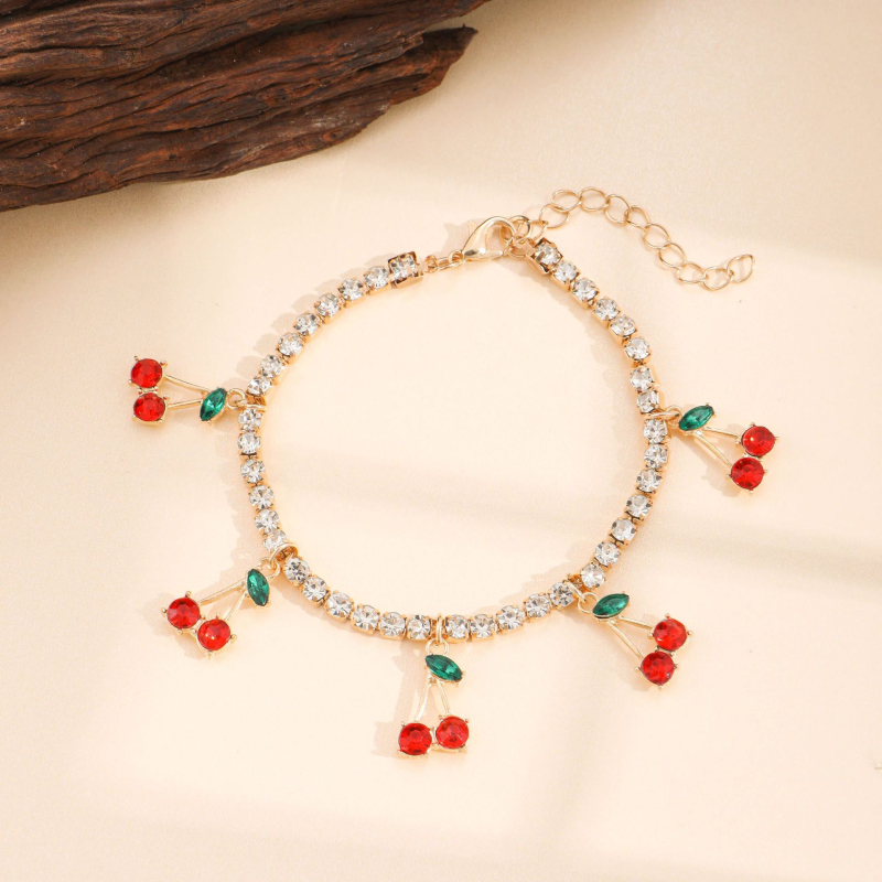 Set de bijuterii cu temă cireș pentru femei — colier, cercei și brățară, aliaj, lanț standard, Stil cireș