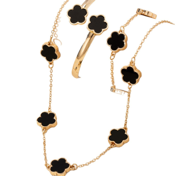 Set de bijuterii: cercei, colier și brățară cu motiv trifoi cu patru foi; material: aliaj de zinc; finisaj: electroplacare; material pandant: aliaj; lanț: lanț obișnuit