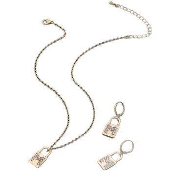 Set de bijuterii: cercei și colier cu pandantiv lacăt în litera engleză, încrustat cu pietre (Material: aliaj; Procesare: placare electrolitică; Lanț: lanț obișnuit; Material pandant: aliaj; Stil: Set, Versatil)