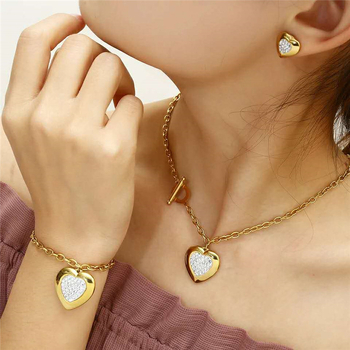 Set de bijuterii pentru femei XUANHUA Heart Series — colier, cercei și brățară din oțel titan; lanț cu bile; motif inimă; stil proaspăt și dulce