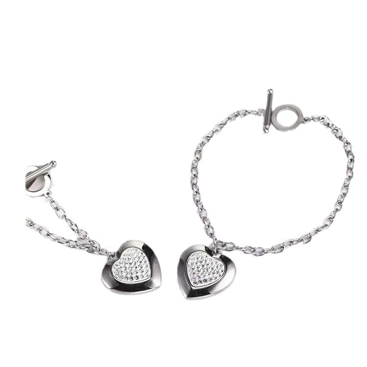 Set de bijuterii pentru femei XUANHUA Heart Series — colier, cercei și brățară din oțel titan; lanț cu bile; motif inimă; stil proaspăt și dulce
