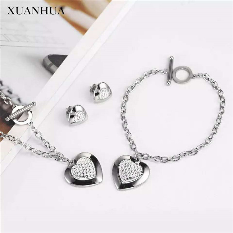 Set de bijuterii pentru femei XUANHUA Heart Series — colier, cercei și brățară din oțel titan; lanț cu bile; motif inimă; stil proaspăt și dulce