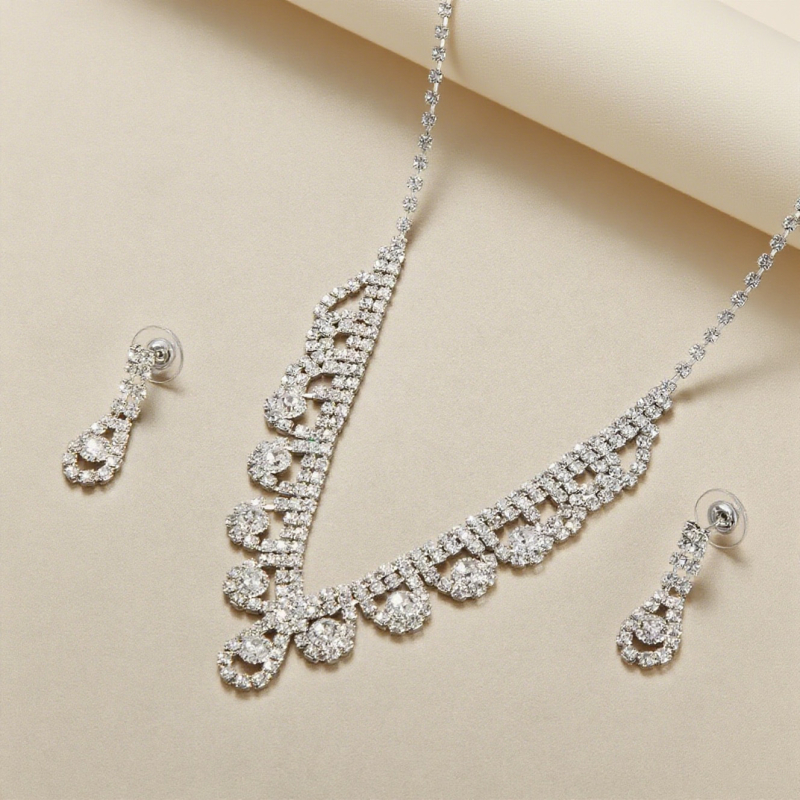 Set ogrlice i naušnica s rhinestones, lanac s kuglicama, višeslojni dizajn, privjesak od rhinestone