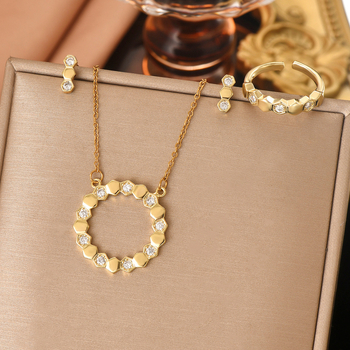 Set de bijuterii din oțel inoxidabil: colier, cercei și inel, lanț în formă de O, model circular, finisaj electroplacare