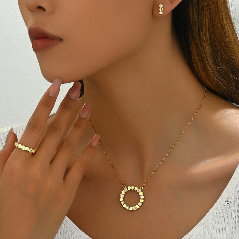 Set de bijuterii din oțel inoxidabil: colier, cercei și inel, lanț în formă de O, model circular, finisaj electroplacare