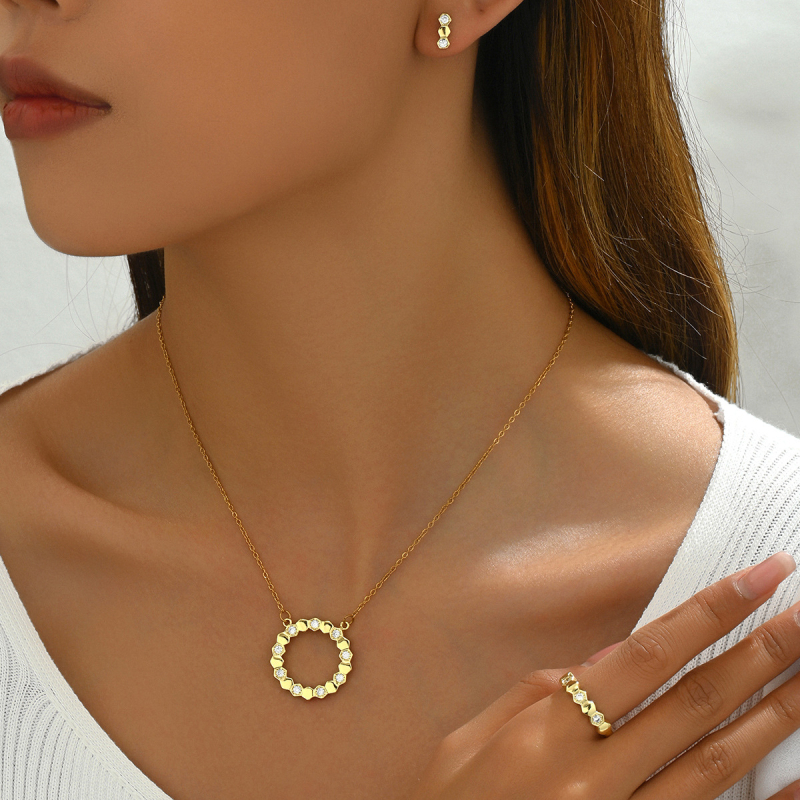 Set de bijuterii din oțel inoxidabil: colier, cercei și inel, lanț în formă de O, model circular, finisaj electroplacare