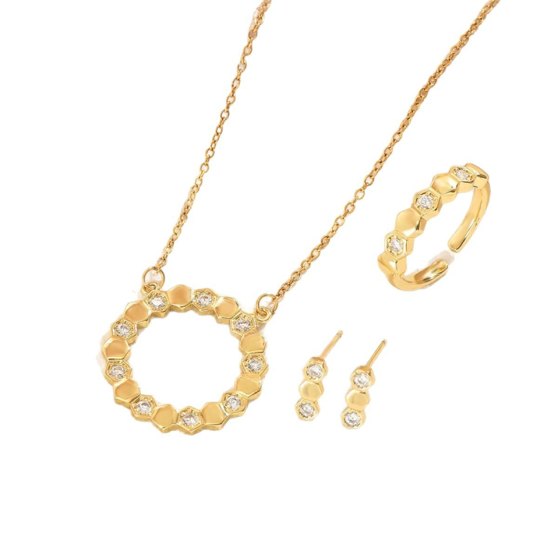 Set de bijuterii din oțel inoxidabil: colier, cercei și inel, lanț în formă de O, model circular, finisaj electroplacare