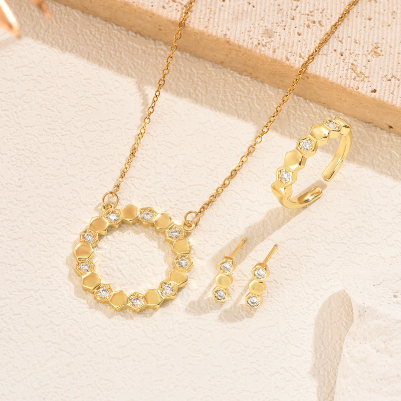 Set de bijuterii din oțel inoxidabil: colier, cercei și inel, lanț în formă de O, model circular, finisaj electroplacare