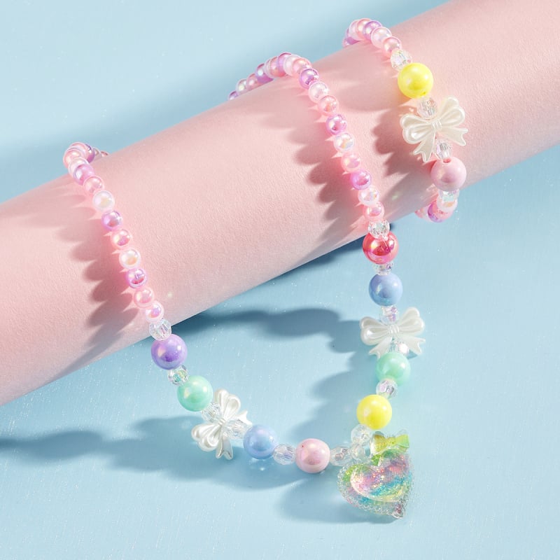 Set colier și brățară pentru copii, mărgele acrilice; modele: inimă, picătură, clopot; stil: fundă iubitoare, desen animat; lanț regulat