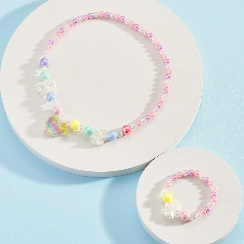 Set colier și brățară pentru copii, mărgele acrilice; modele: inimă, picătură, clopot; stil: fundă iubitoare, desen animat; lanț regulat