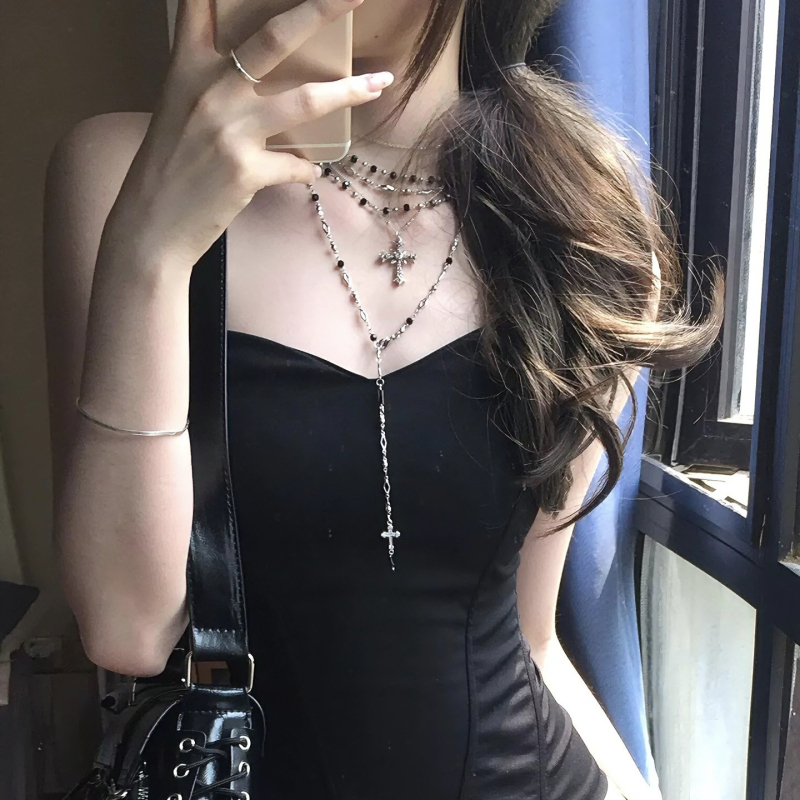 Colier geometric, din metal, cu stratificare, placare electrolitică, lanț standard