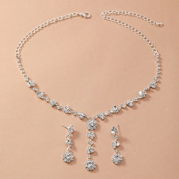 Set nakita: ogrlica i naušnice s rhinestones, cvjetni motiv, stil laganog luksuza, s uobičajenim lancem