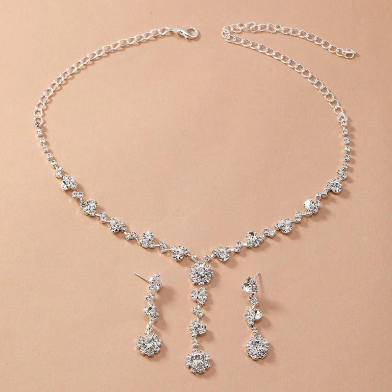 Set nakita: ogrlica i naušnice s rhinestones, cvjetni motiv, stil laganog luksuza, s uobičajenim lancem