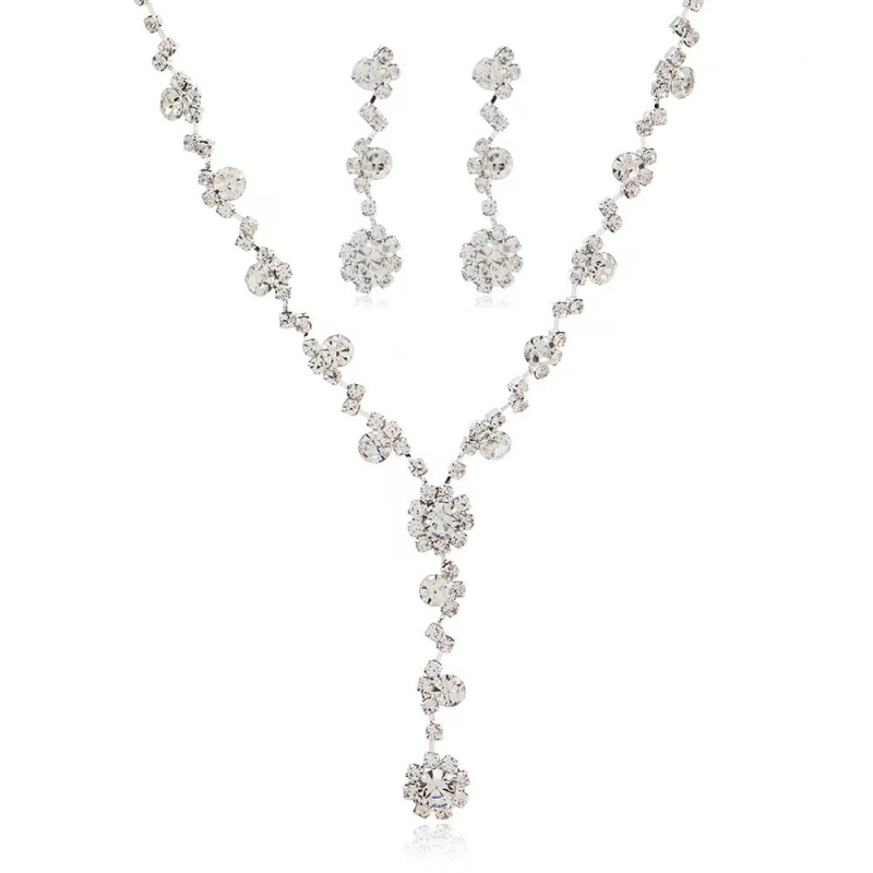 Set nakita: ogrlica i naušnice s rhinestones, cvjetni motiv, stil laganog luksuza, s uobičajenim lancem
