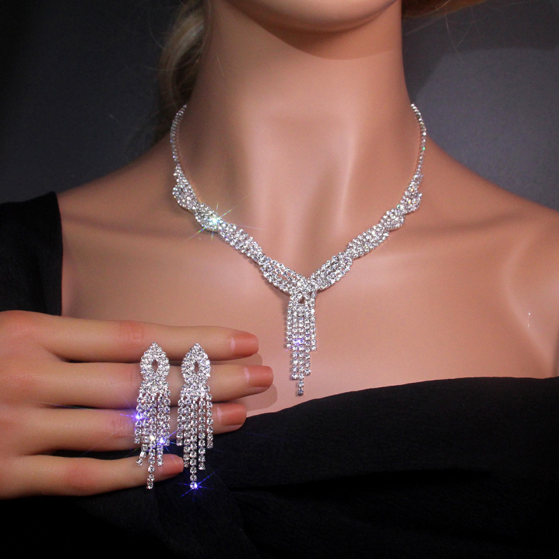 Set nakita: ogrlica i naušnice s rhinestones, O-žica, privjesci od rhinestona, uzorci Love/Water Drops/Bell