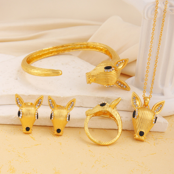 Set de bijuterii din patru piese: colier, cercei, brățară, inel; cap de cerb în stil hip-hop; aliaj; placare electro; lanț în formă de O; unisex