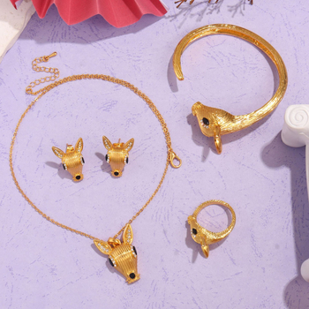 Set de bijuterii din patru piese: colier, cercei, brățară, inel; cap de cerb în stil hip-hop; aliaj; placare electro; lanț în formă de O; unisex