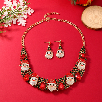 Božićni set nakita (earrings i ogrlica) s rhinestone kristalima, cvjetni uzorak, privjesak od legure, običan lanac — Jiaoyu