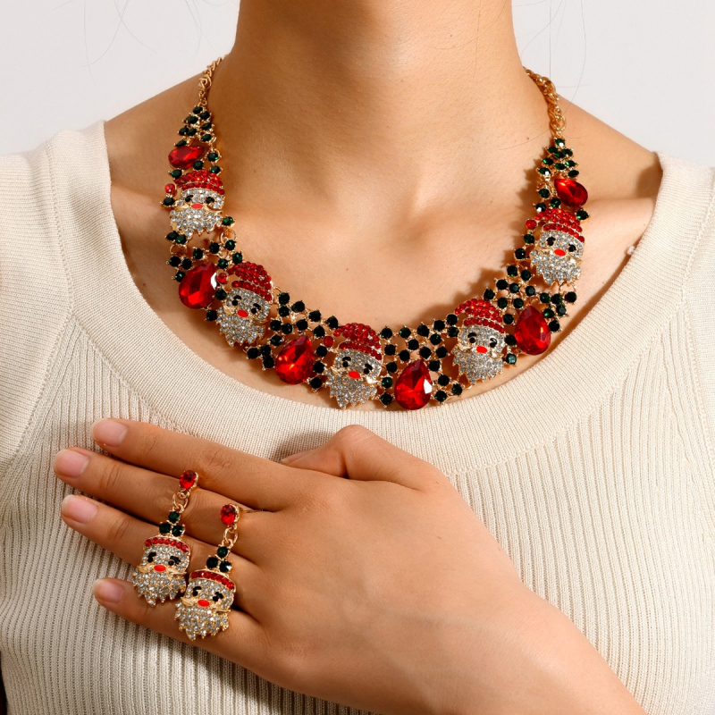 Božićni set nakita (earrings i ogrlica) s rhinestone kristalima, cvjetni uzorak, privjesak od legure, običan lanac — Jiaoyu