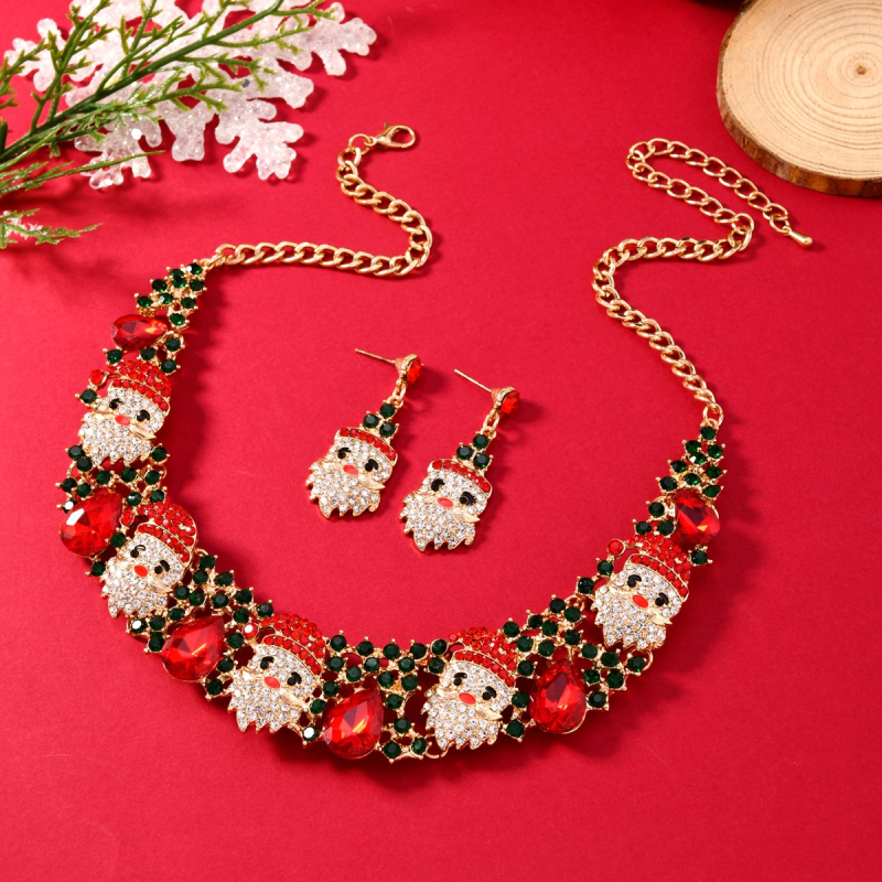 Božićni set nakita (earrings i ogrlica) s rhinestone kristalima, cvjetni uzorak, privjesak od legure, običan lanac — Jiaoyu